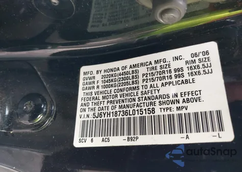 2006 Honda Element Ex-P z USA, uszkodzony, nr VIN 5J6YH18736L015158